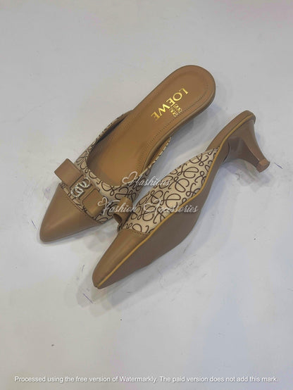 Monogram Bow Kitten Heel Mules – Pointed Toe Slip-On Pumps