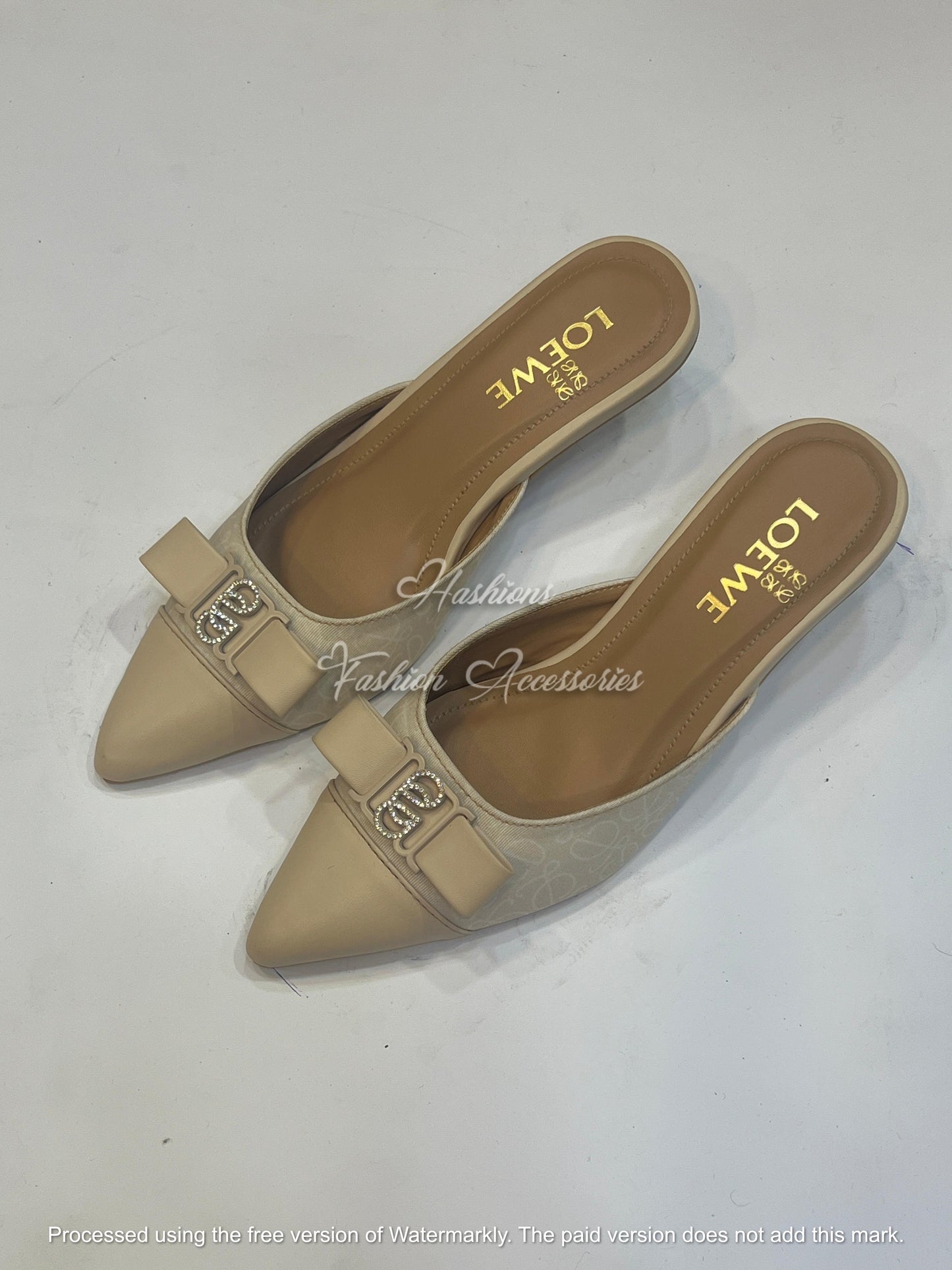 Monogram Bow Kitten Heel Mules – Pointed Toe Slip-On Pumps