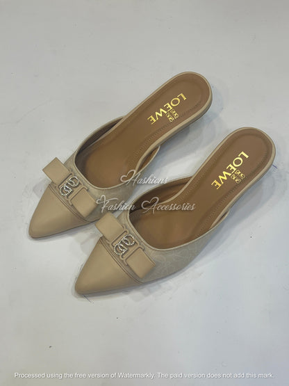 Monogram Bow Kitten Heel Mules – Pointed Toe Slip-On Pumps