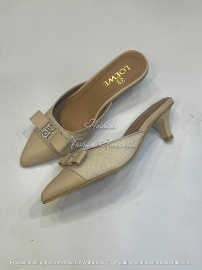 Monogram Bow Kitten Heel Mules – Pointed Toe Slip-On Pumps