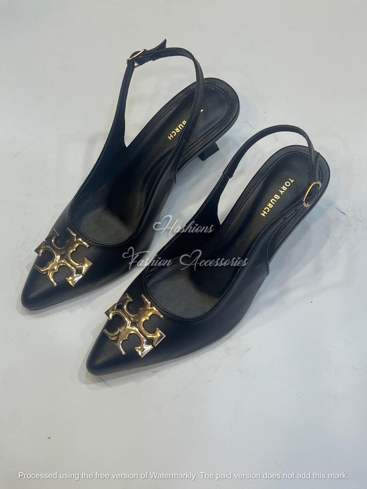 Pointed-Toe Slingback Kitten Heels with Gold Monogram Embellishment