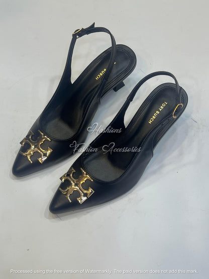 Pointed-Toe Slingback Kitten Heels with Gold Monogram Embellishment