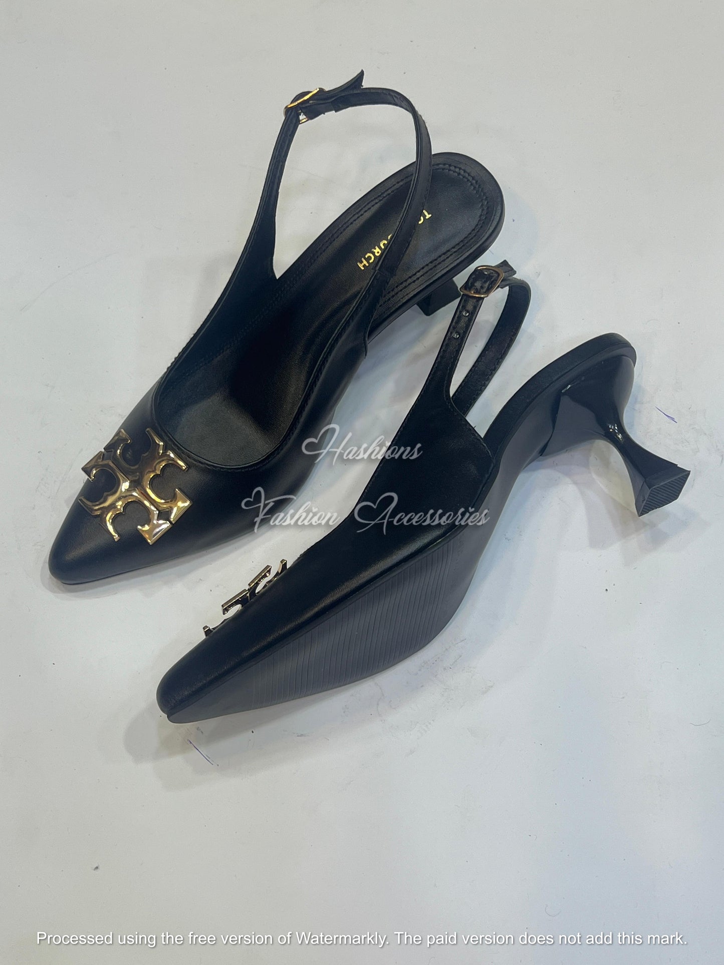 Pointed-Toe Slingback Kitten Heels with Gold Monogram Embellishment