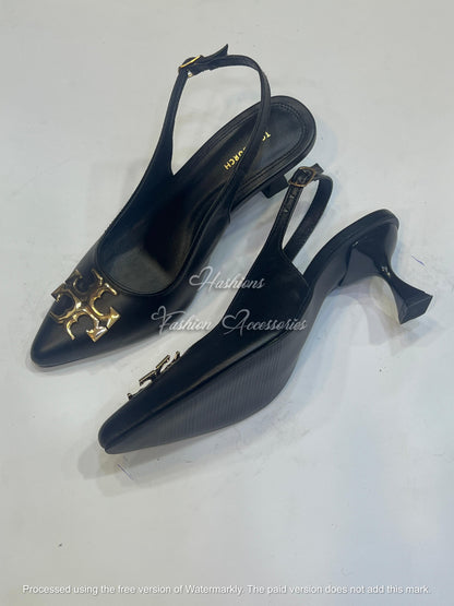 Pointed-Toe Slingback Kitten Heels with Gold Monogram Embellishment