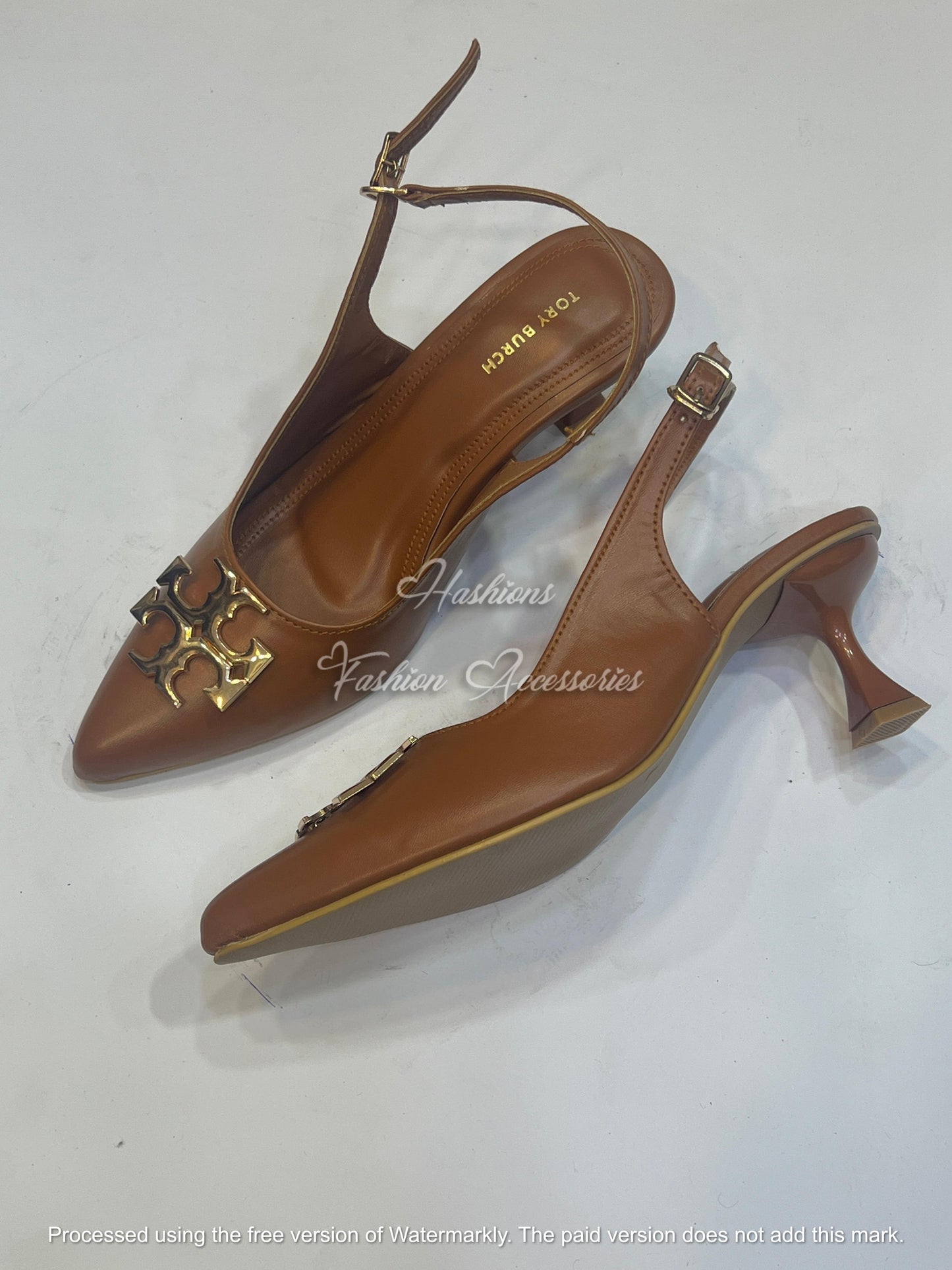 Pointed-Toe Slingback Kitten Heels with Gold Monogram Embellishment