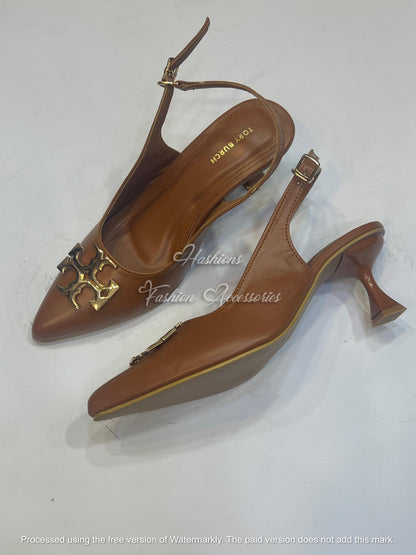 Pointed-Toe Slingback Kitten Heels with Gold Monogram Embellishment