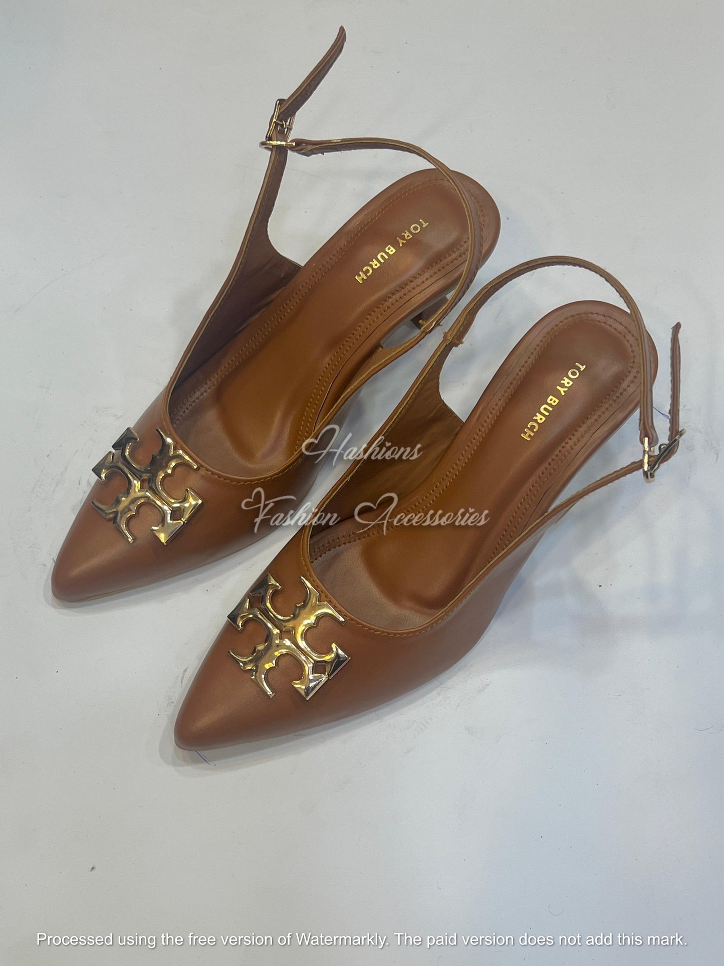 Pointed-Toe Slingback Kitten Heels with Gold Monogram Embellishment