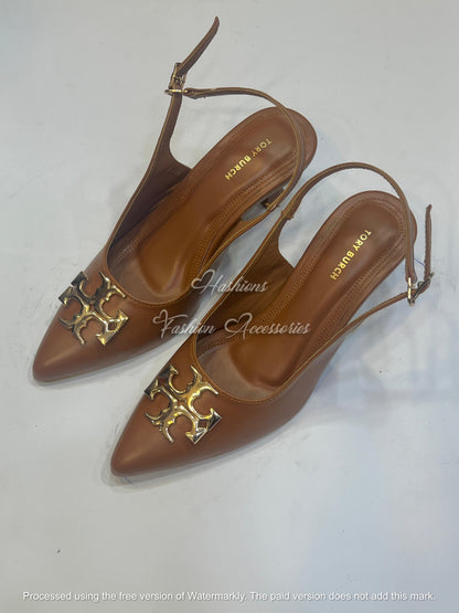 Pointed-Toe Slingback Kitten Heels with Gold Monogram Embellishment