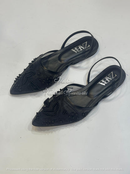 Mesh Pointed Toe Beaded Slingback Flats