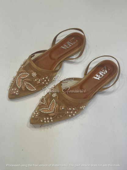 Mesh Pointed Toe Beaded Slingback Flats