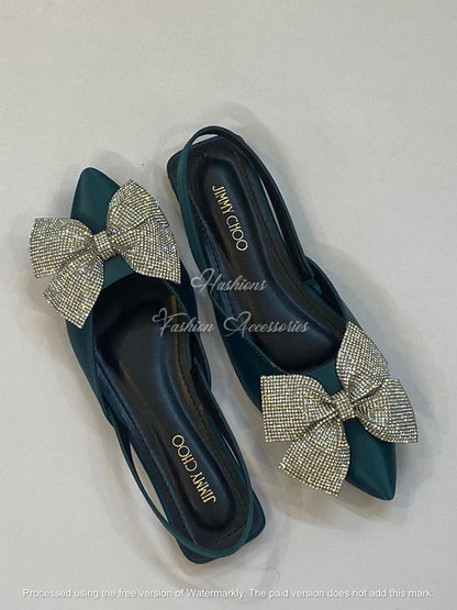 Elegant Pointed Toe Bow Slingback Flats - Rhinestone Embellished
