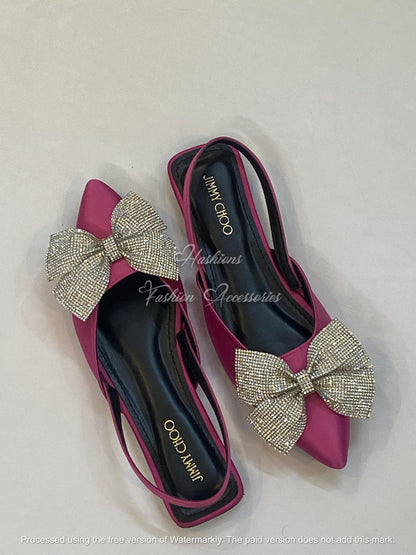 Elegant Pointed Toe Bow Slingback Flats - Rhinestone Embellished