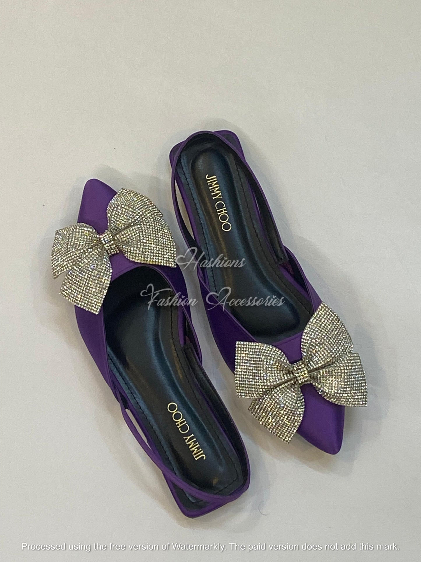 Elegant Pointed Toe Bow Slingback Flats - Rhinestone Embellished