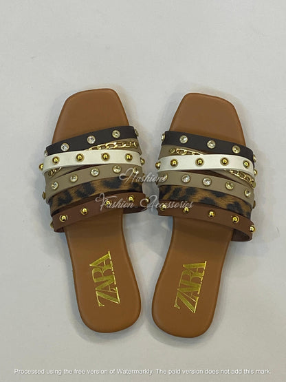 Studded Multi-Strap Flat Sandals - Leopard Print & Gold Chain Detail