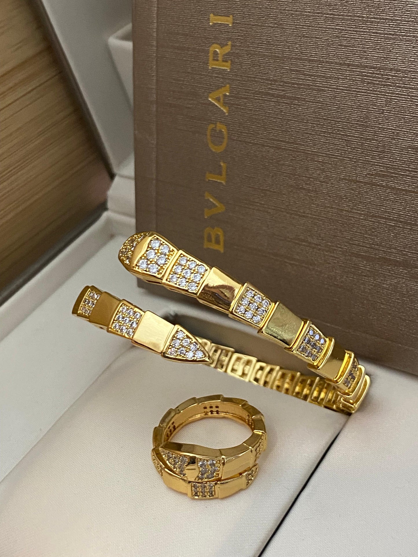 Serpent Scale Geometric Bangle & Ring Set – Gold Plated Luxury Duo