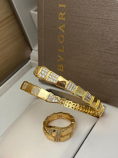 Serpent Scale Geometric Bangle & Ring Set – Gold Plated Luxury Duo