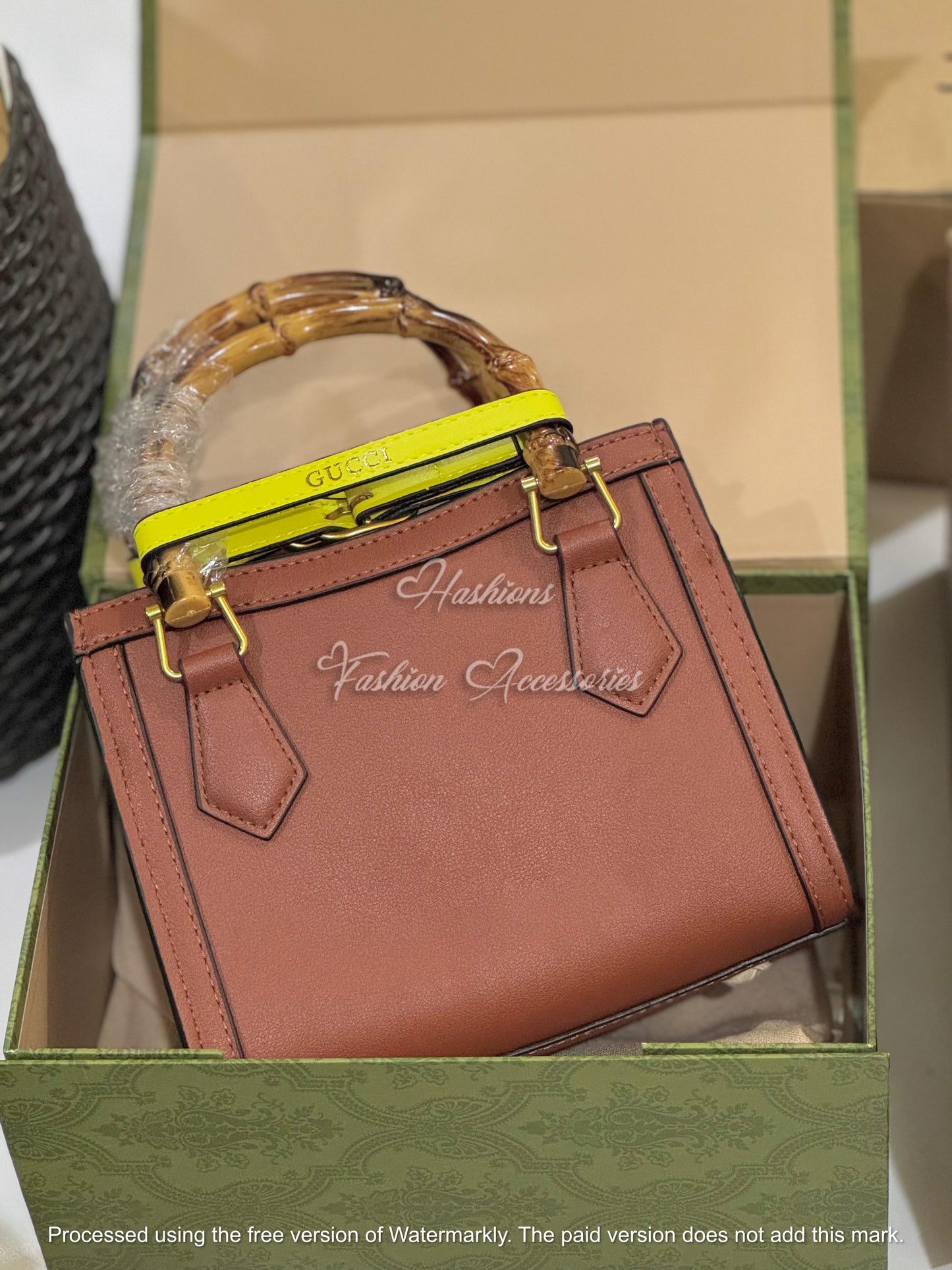 Vintage Mini Leather Tote with Natural Bamboo Top Handle