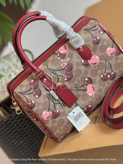 Cherry Print Pebbled Leather Boston Bag - Classic Top-Handle Barrel Satchel