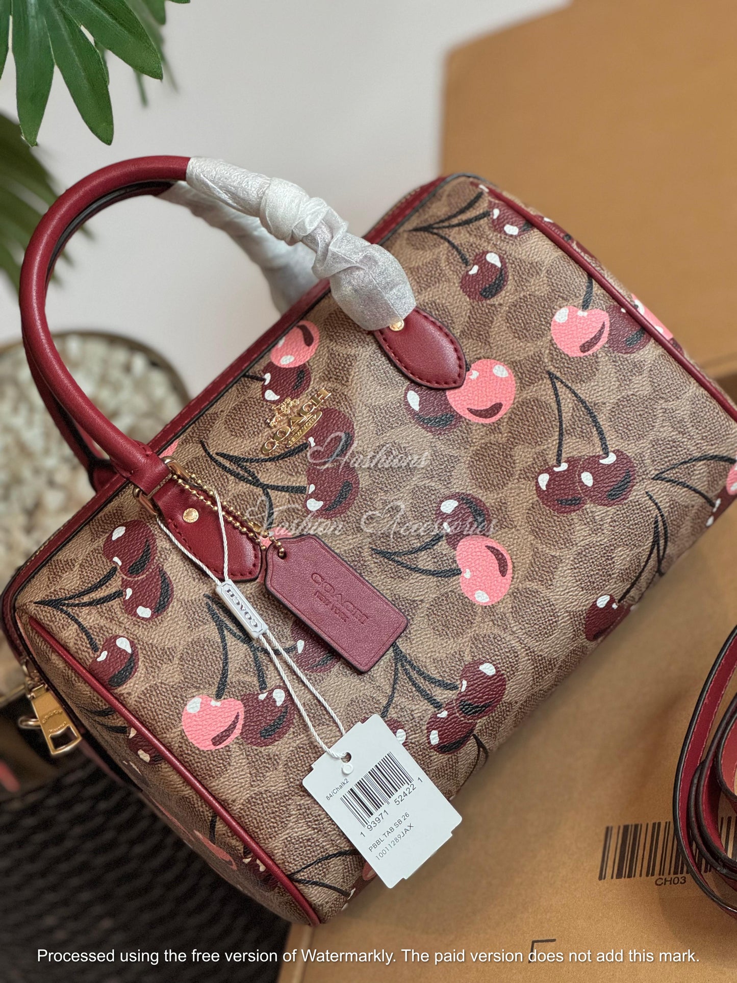 Cherry Print Pebbled Leather Boston Bag - Classic Top-Handle Barrel Satchel