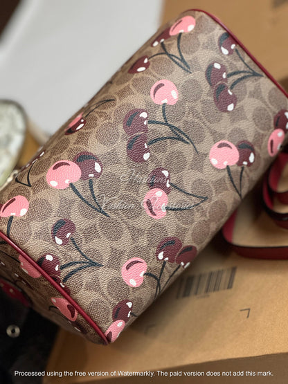 Cherry Print Pebbled Leather Boston Bag - Classic Top-Handle Barrel Satchel