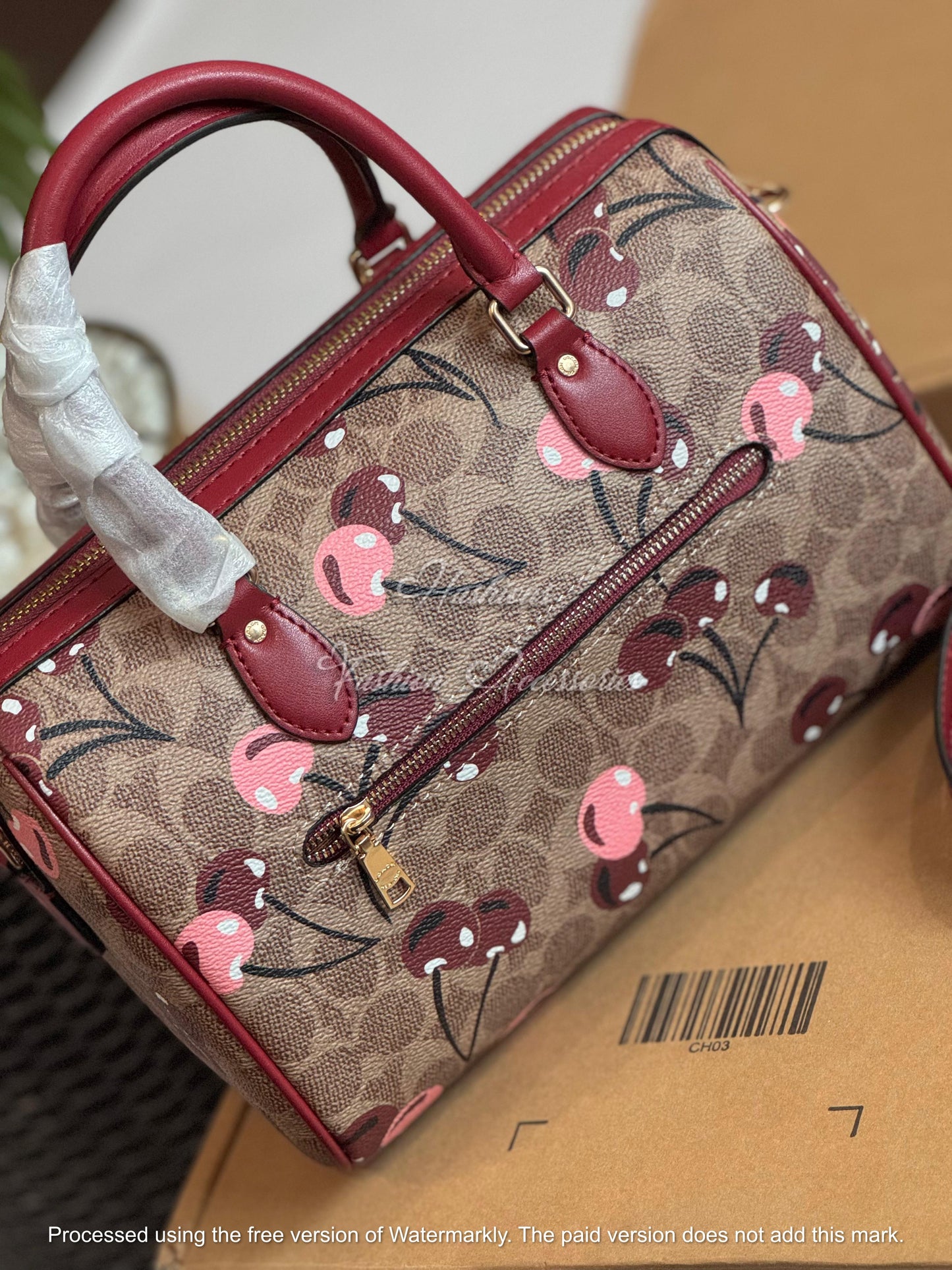 Cherry Print Pebbled Leather Boston Bag - Classic Top-Handle Barrel Satchel