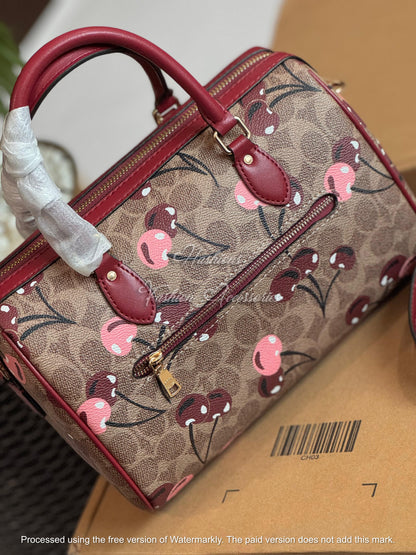 Cherry Print Pebbled Leather Boston Bag - Classic Top-Handle Barrel Satchel