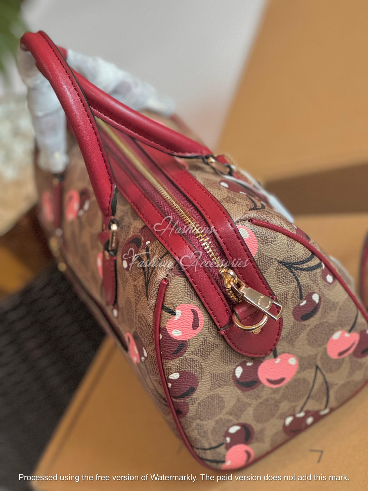 Cherry Print Pebbled Leather Boston Bag - Classic Top-Handle Barrel Satchel