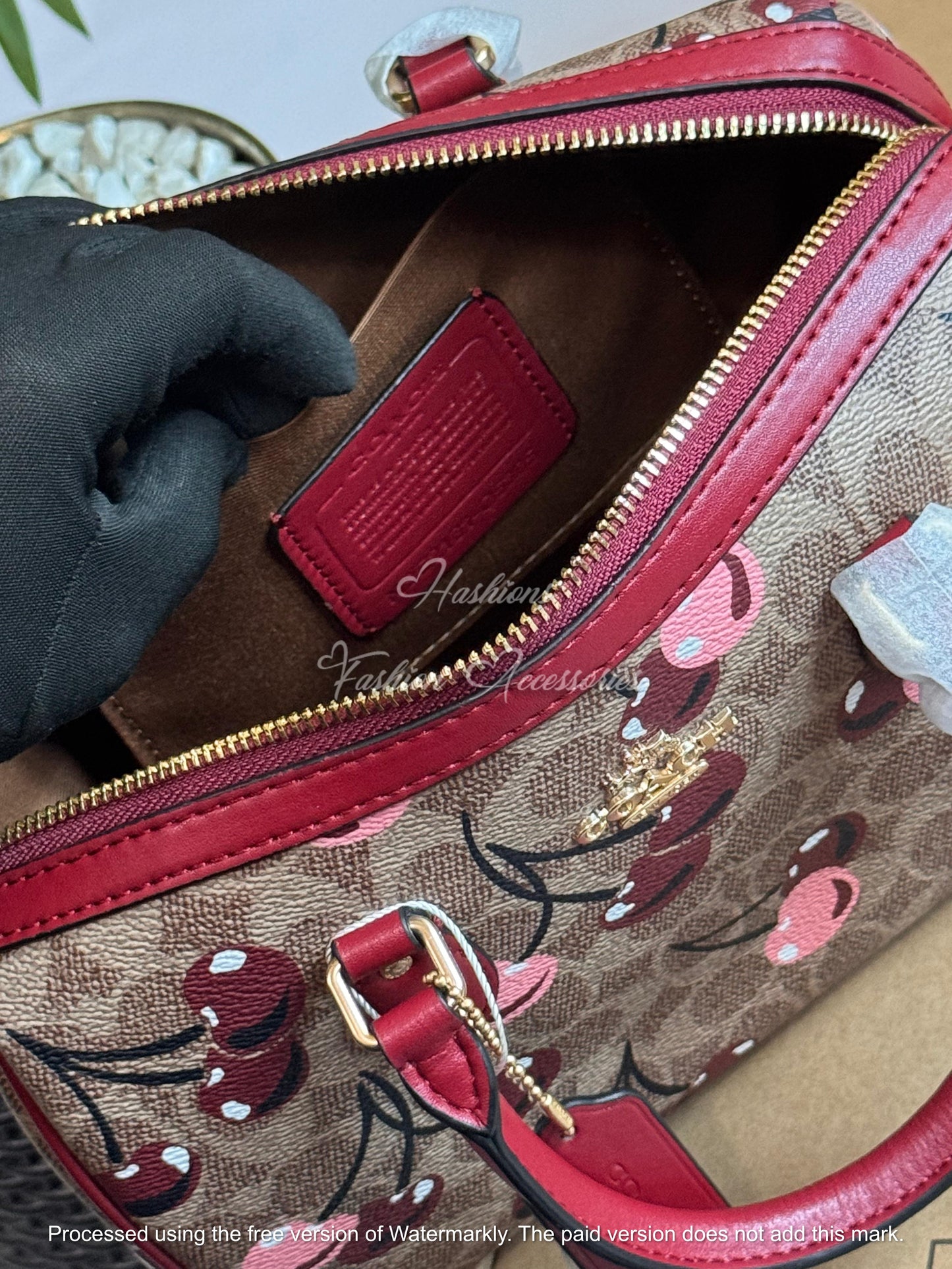 Cherry Print Pebbled Leather Boston Bag - Classic Top-Handle Barrel Satchel