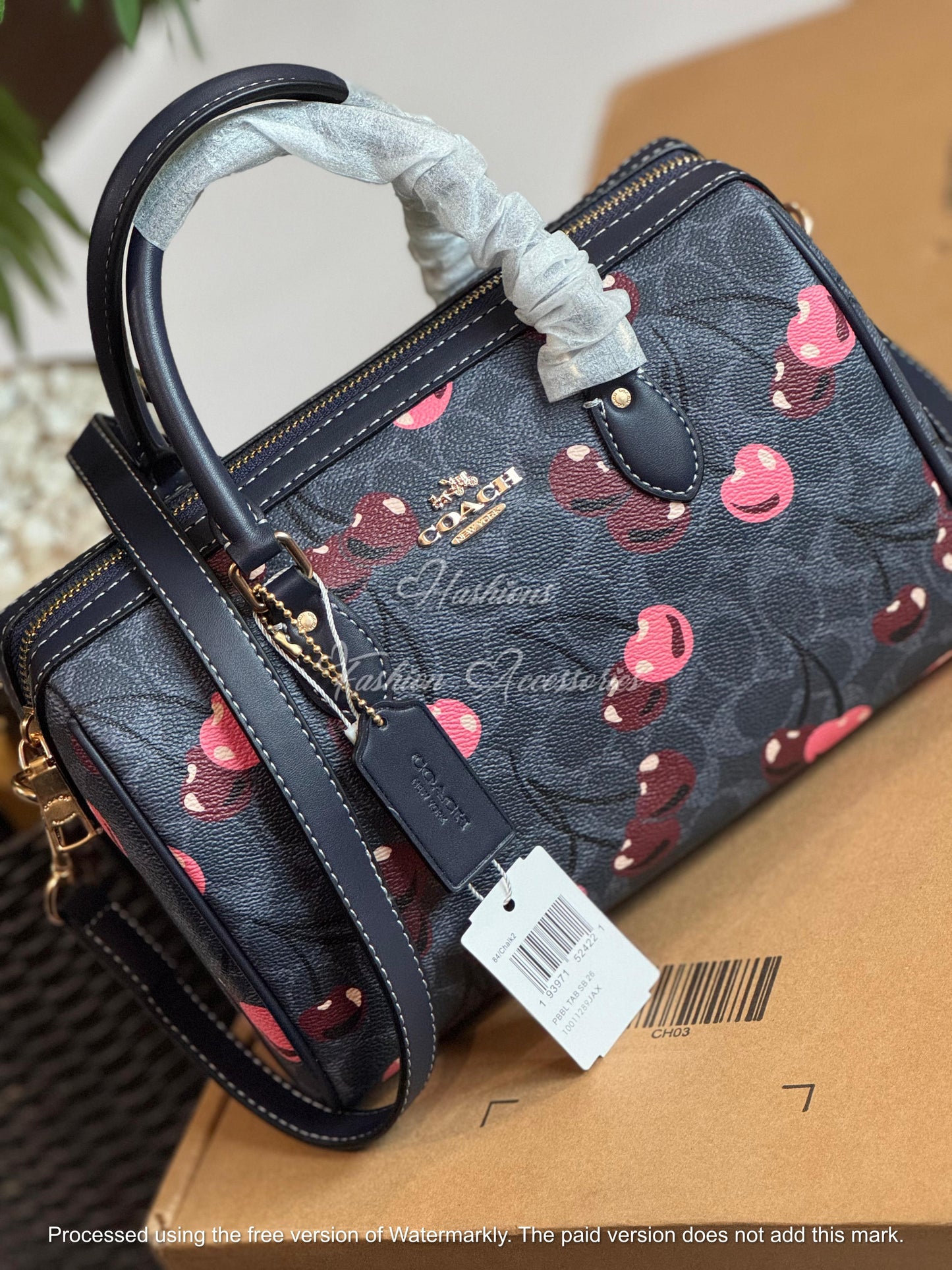 Cherry Print Pebbled Leather Boston Bag - Classic Top-Handle Barrel Satchel