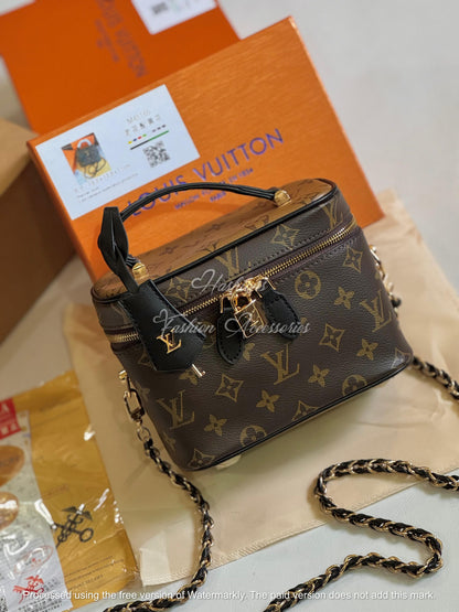 Monogram Vanity Crossbody Bag – Structured Top-Handle Case with Gold Hardware