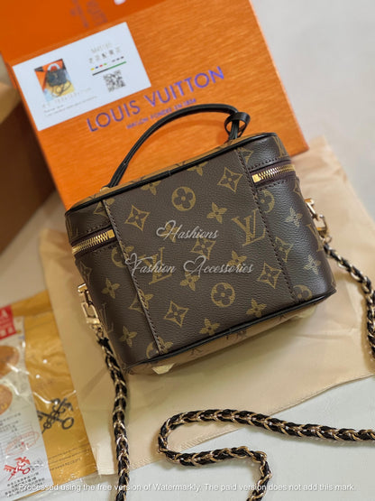 Monogram Vanity Crossbody Bag – Structured Top-Handle Case with Gold Hardware