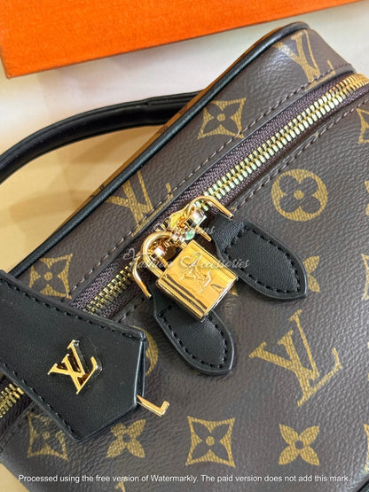 Monogram Vanity Crossbody Bag – Structured Top-Handle Case with Gold Hardware