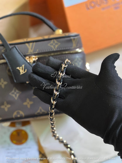 Monogram Vanity Crossbody Bag – Structured Top-Handle Case with Gold Hardware