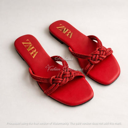 Rhinestone Knotted Flat Sandals - Sparkly Satin Slide Mules