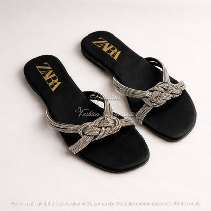 Rhinestone Knotted Flat Sandals - Sparkly Satin Slide Mules