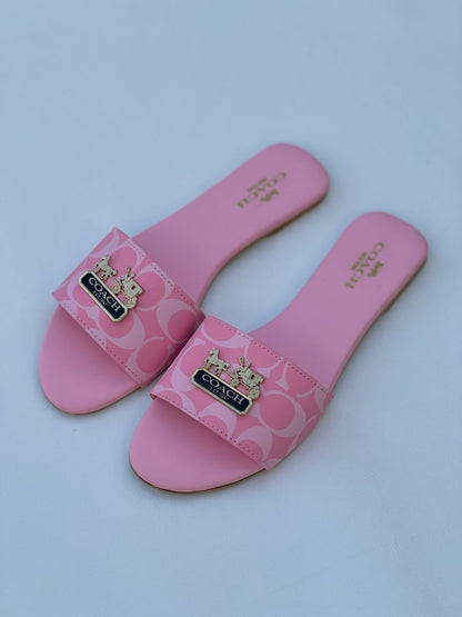 Monogram Printed Flat Slides with Gold Emblem Accents