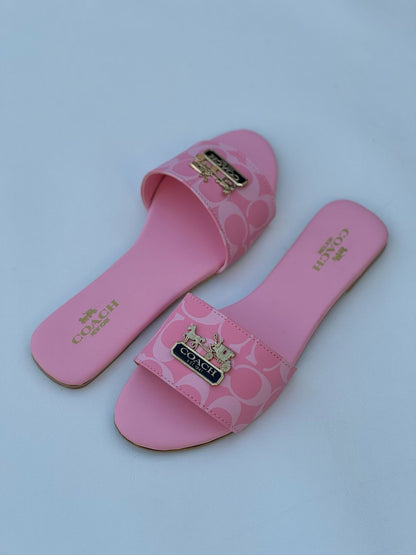 Monogram Printed Flat Slides with Gold Emblem Accents