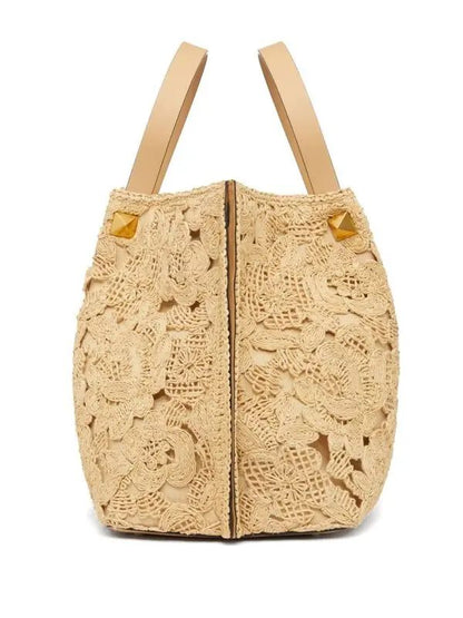 Floral Crochet Straw Tote Bag