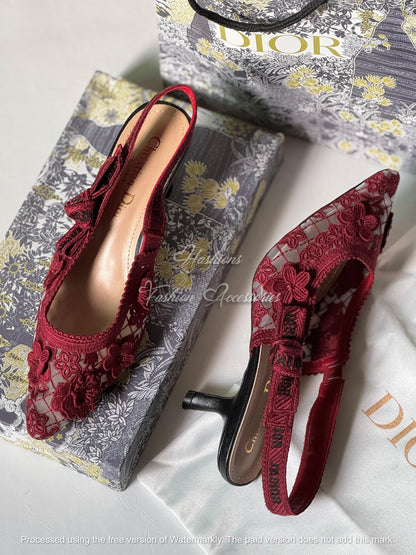 Floral Lace Slingback Kitten Heels