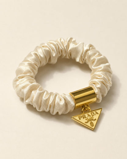 Satin Metal Logo Charm Hair Tie