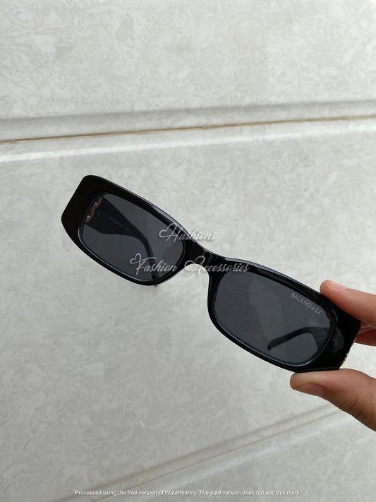 Balenciaga “BB Rectangle” Sunglasses – Glossy Black Frame | Gold-Tone Logo