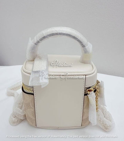 Mini Vanity Case Crossbody – Top-Handle Box Bag with Chain Strap (Signature Canvas Look)