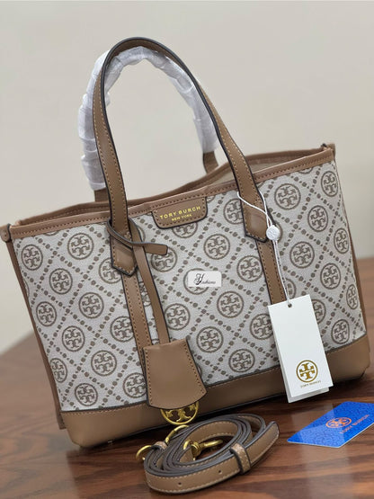Premium Monogram Jacquard Tote Bag with Vegan Leather Trim – Multi-Functional Everyday Satchel & Shoulder Bag