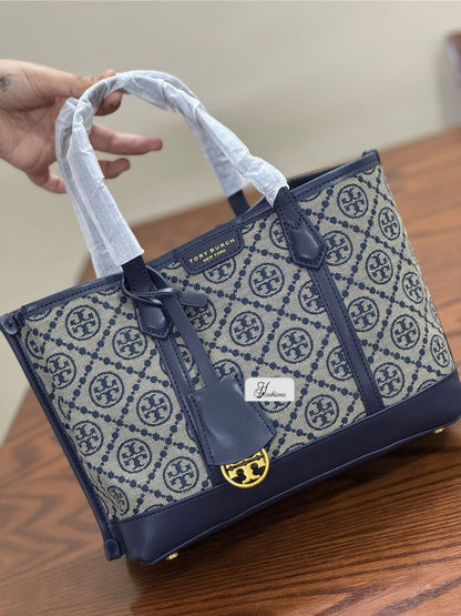 Premium Monogram Jacquard Tote Bag with Vegan Leather Trim – Multi-Functional Everyday Satchel & Shoulder Bag