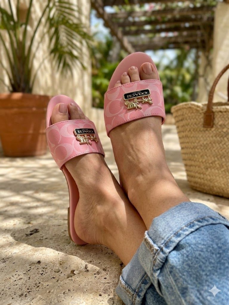 Monogram Printed Flat Slides with Gold Emblem Accents