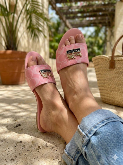 Monogram Printed Flat Slides with Gold Emblem Accents