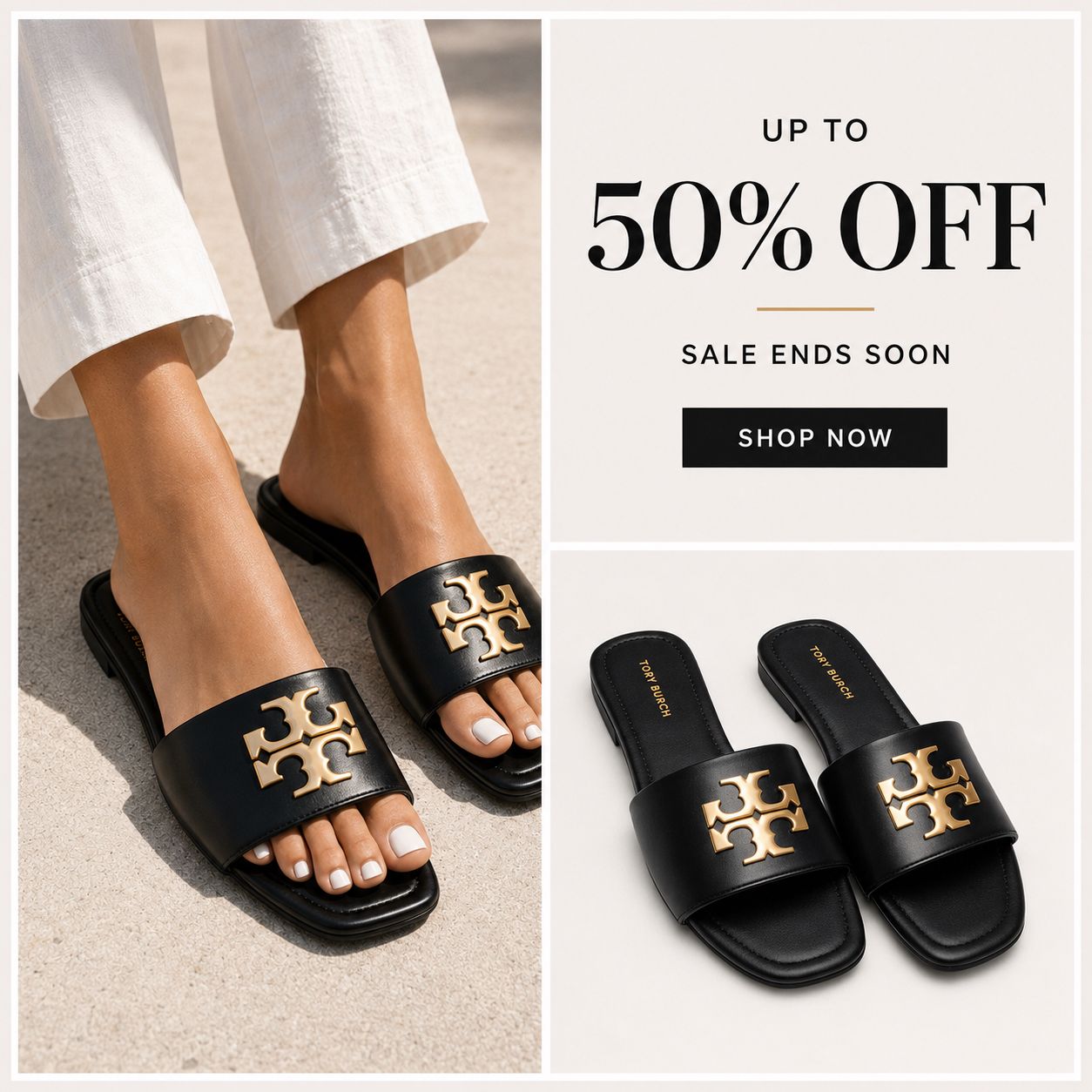 Elegant Gold-Emblem Flat Slides - Chic Open-Toe Leather Sandals