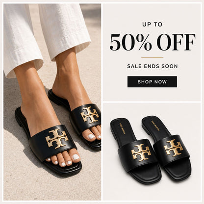 Elegant Gold-Emblem Flat Slides - Chic Open-Toe Leather Sandals