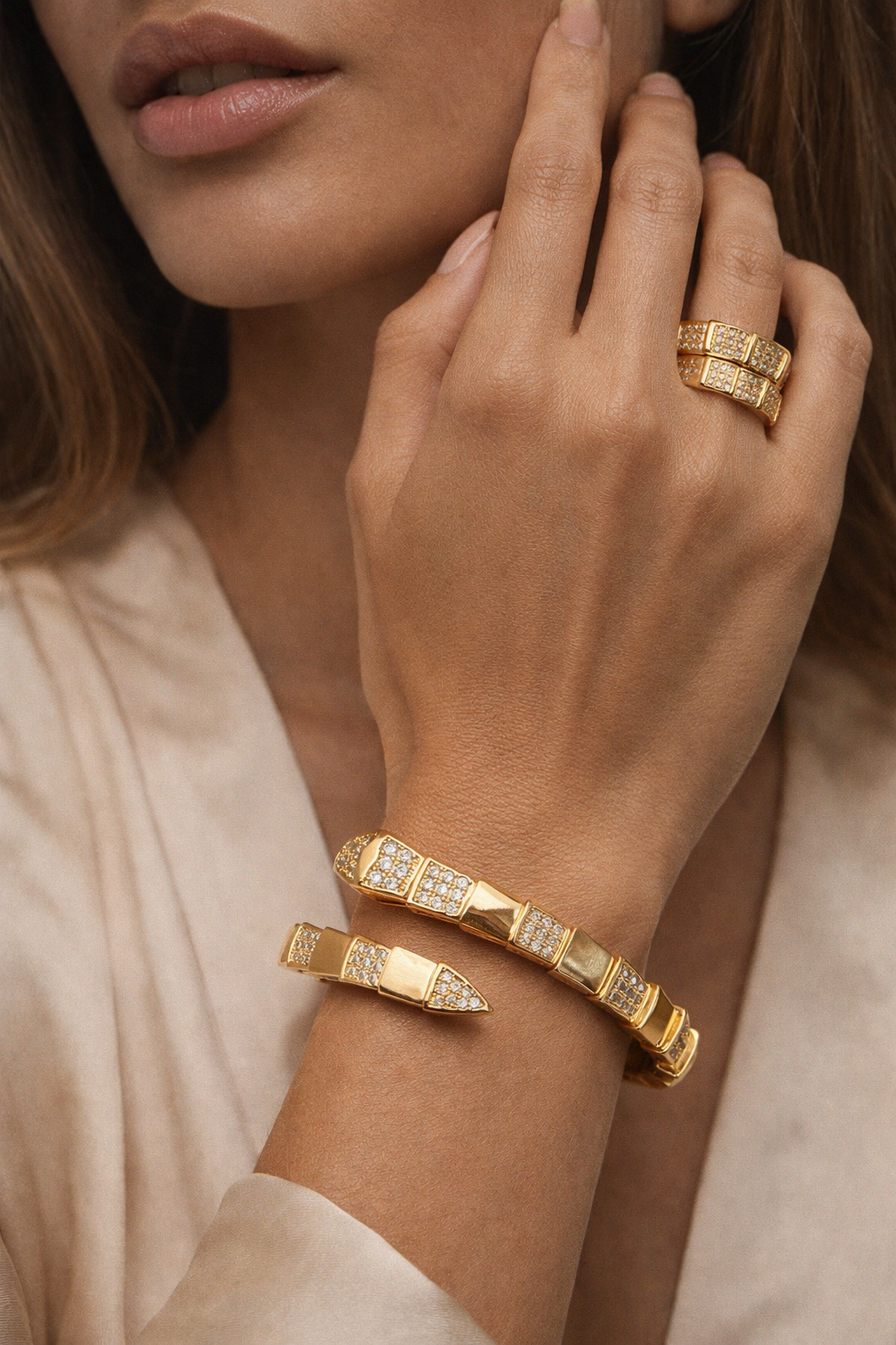 Serpent Scale Geometric Bangle & Ring Set – Gold Plated Luxury Duo