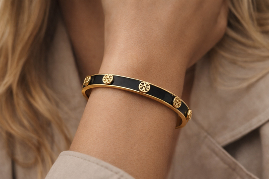 Black Enamel & Gold Medallion Slim Bangle Bracelet